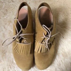 Bryr Mustard Yellow Suede Fringe Lace-Up Mules